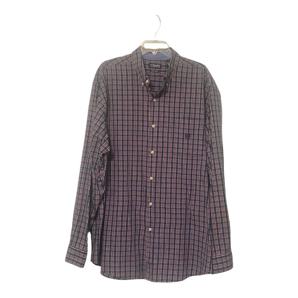 Chaps Stretch Easy Care Button Down Shirt Blue Plaid Long Sleeve Mens 2XLT